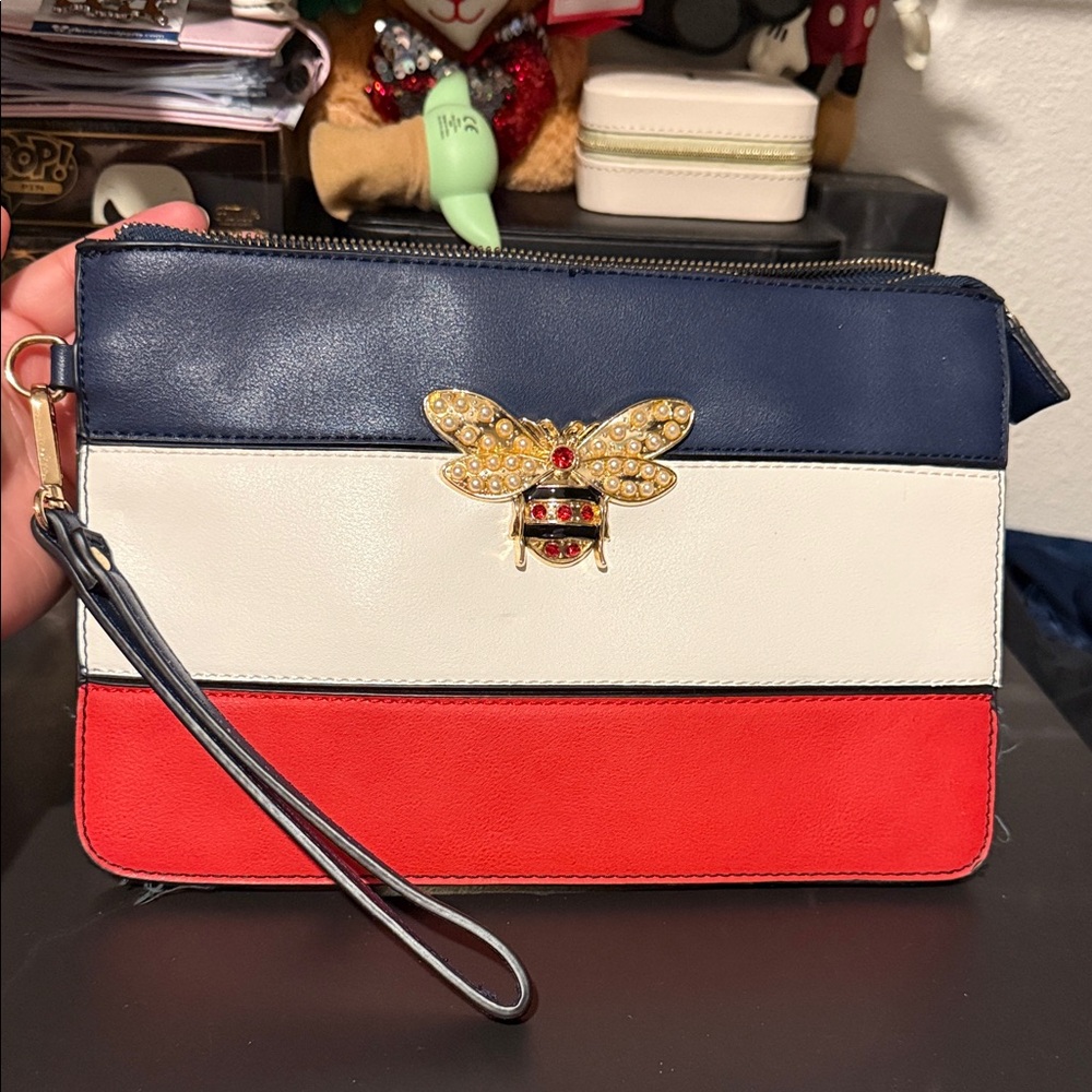 Navy, White, and Red Clutch with Bee Accent
